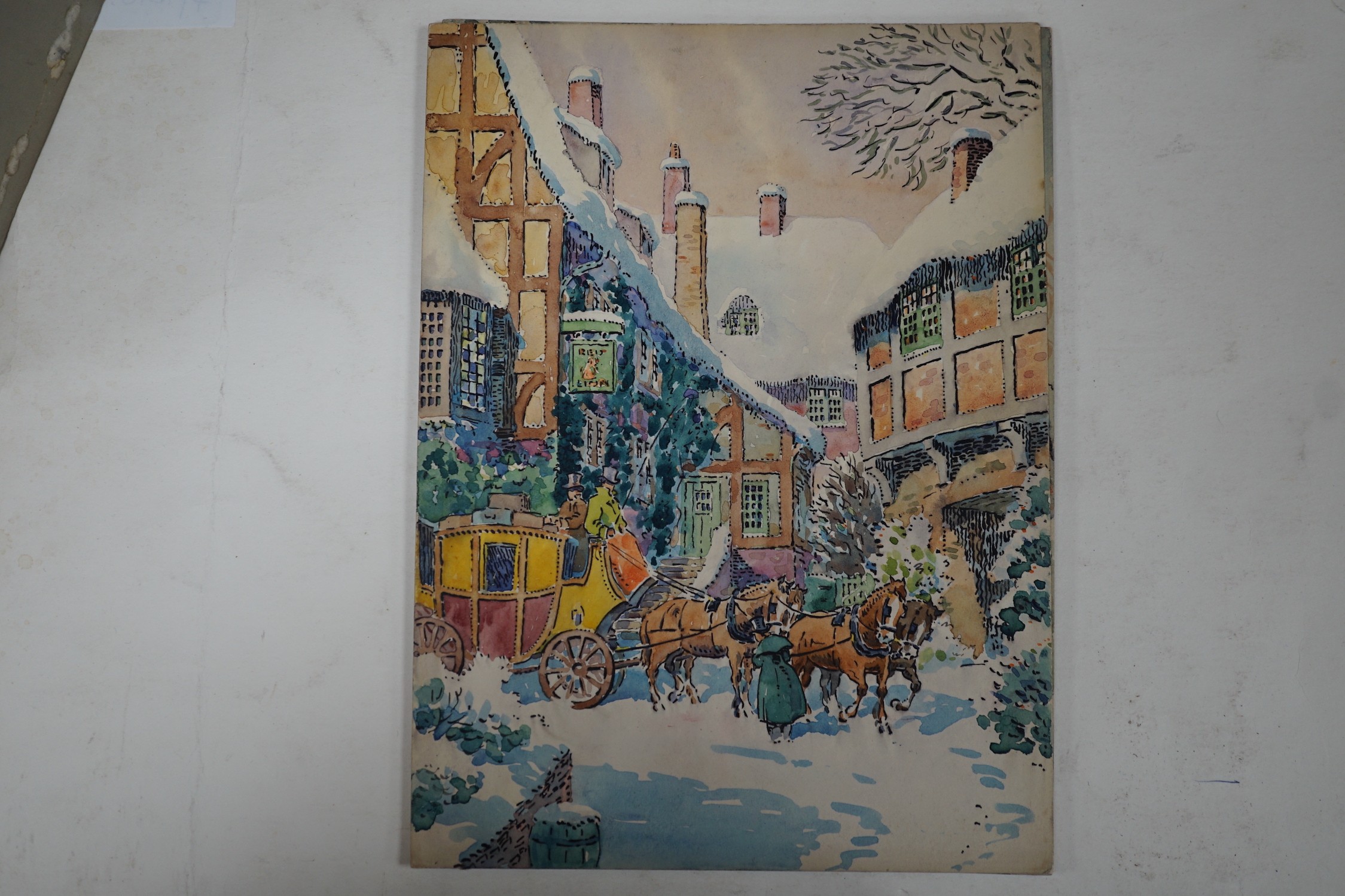 Maurice Wheatcroft, six ink and watercolour original greeting card designs, Victorian winter scenes, 19 x 27cm, unframed